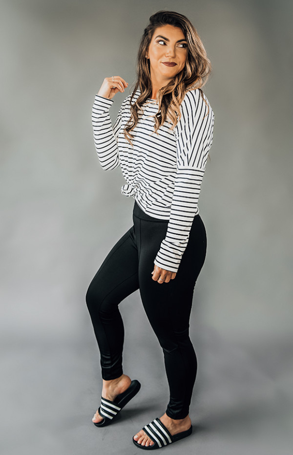 BLACK HIGH WAIST LEGGING. SLIM FITTING, TRACK SUIT MATERIAL WITH MOTO DETAIL. ALSO COMES IN OLIVE. MODEL INFO: SISSY – SIZE 6, 5’6” WEARING A LARGE.
95% POLYESTER, 5% SPANDEX.
SMALL 0-2
MEDIUM 4-6
LARGE 6-8