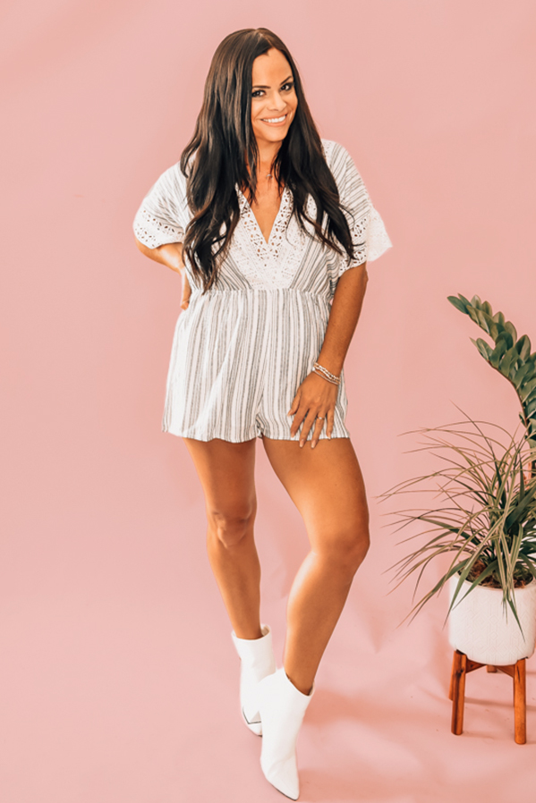 WHITE AND GREY, LACE DETAILED, STRIPED ROMPER. DEEP V FRONT AND BACK, SHORT SLEEVED. 100% RAYON. STEPHANIE IS A SIZE 4, WEARING SMALL
XS 0-2
S 4-6
M 8-10
L 10-12
XL 12-14
