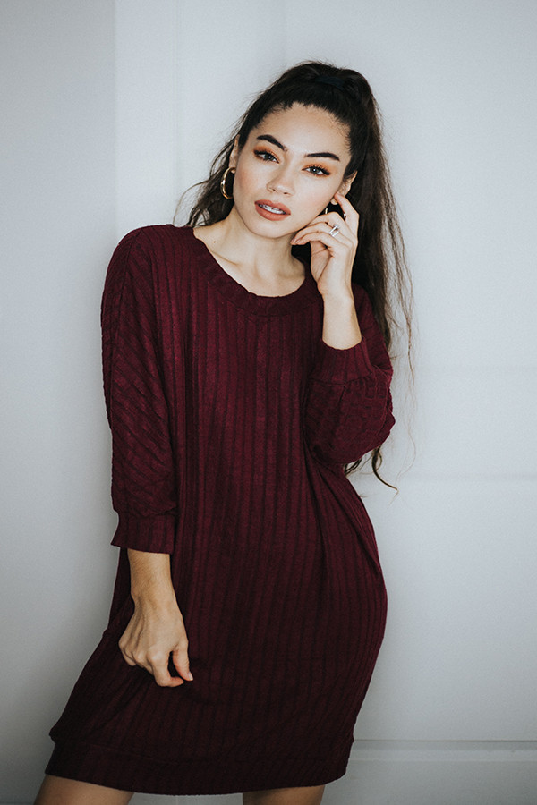 SLOUCHY, OVER SIZED RIBBED DRESS WITH CUFF DETAIL. SCOOP NECK WITH 3/4 LENGTH SLEEVE. CAN ALSO BE WORN AS A TUNIC WITH LEGGINGS.