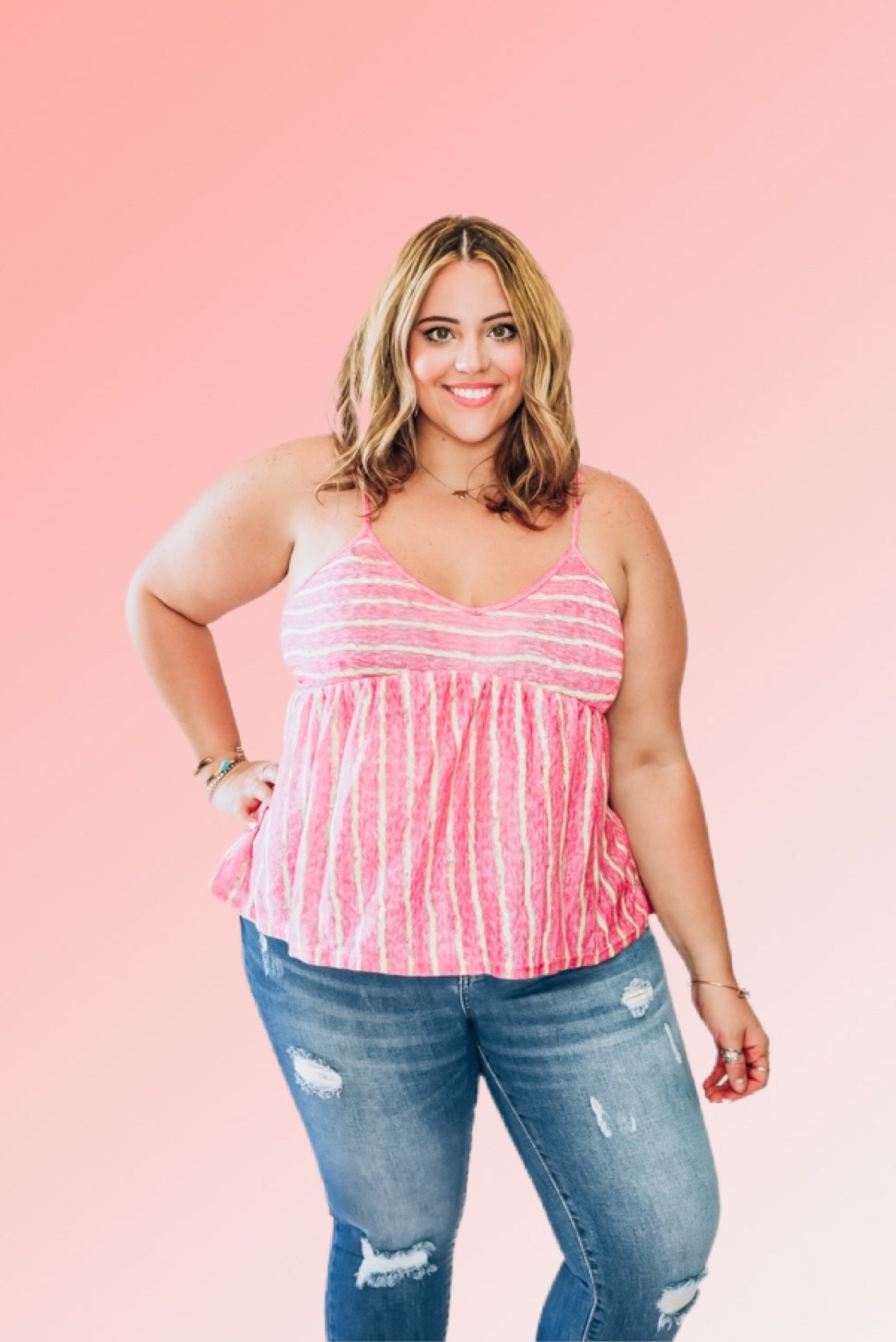 V-NECK PINK BABY-DOLL TANK WITH STRIPES. COMES IN TWO COLORS – PINK AND YELLOW. 70% POLYESTER, 30% RAYON. PIPER IS A SIZE 0, WEARING A SMALL. NIKI IS A SIZE 14 WEARING A LARGE.
S 0-6
M 6-12
L 12-16