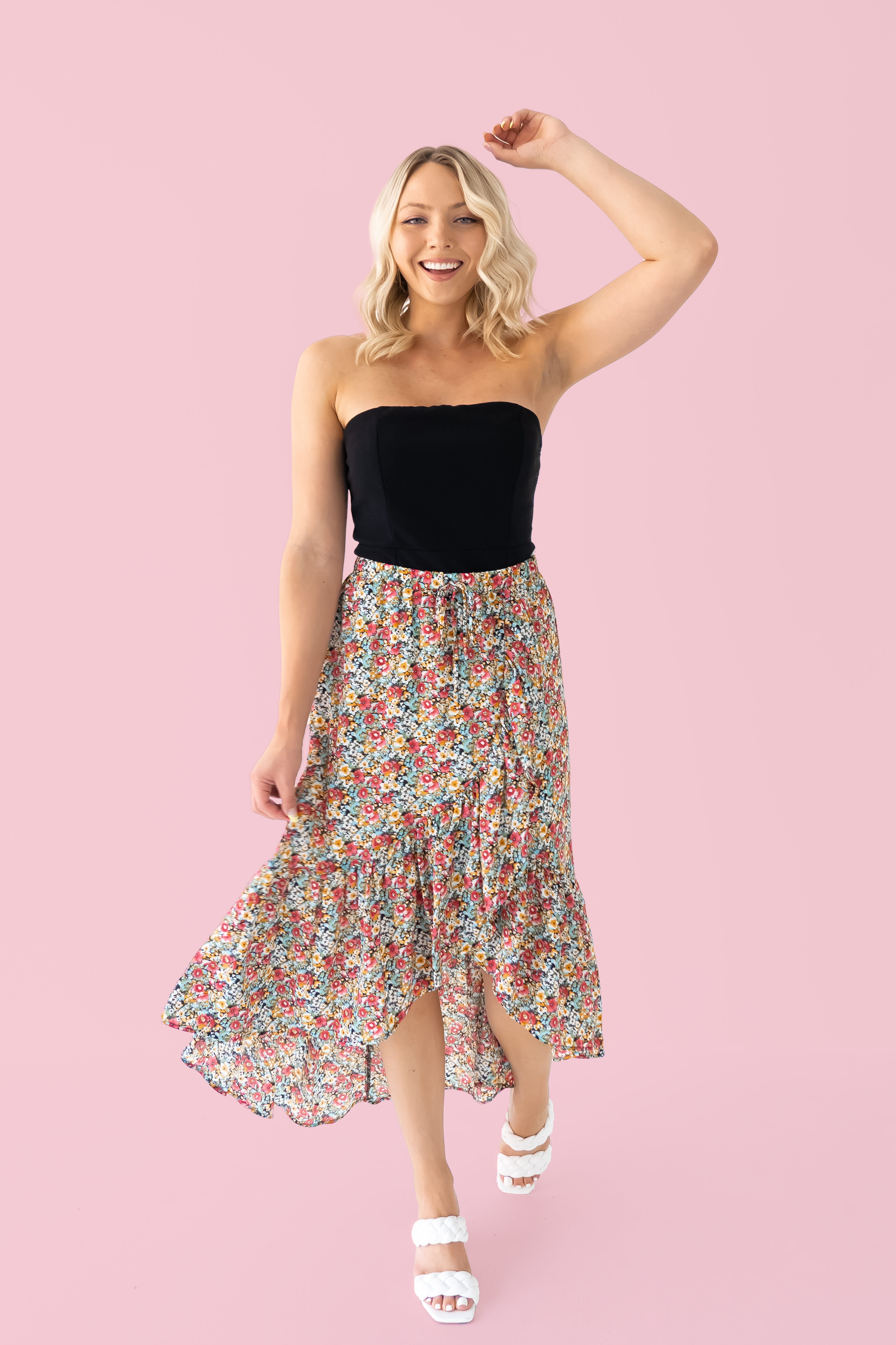 EXCLUSIVE TO MAVERICK! SAME FABRIC AS OUR SAFFRON TOP AND KIMONO. ELASTIC WAIST WITH NONFUNCTIONAL TIE DETAIL. HIGH/LOW CUT WITH RUFFLE HEM. BUILT IN SLIP. 100% POLEYESTER. AMANDA IS A SIZE 2, WEARING A SMALL. GABBY IS SIZE 10/12 AND 38DD WEARING XLARGE.