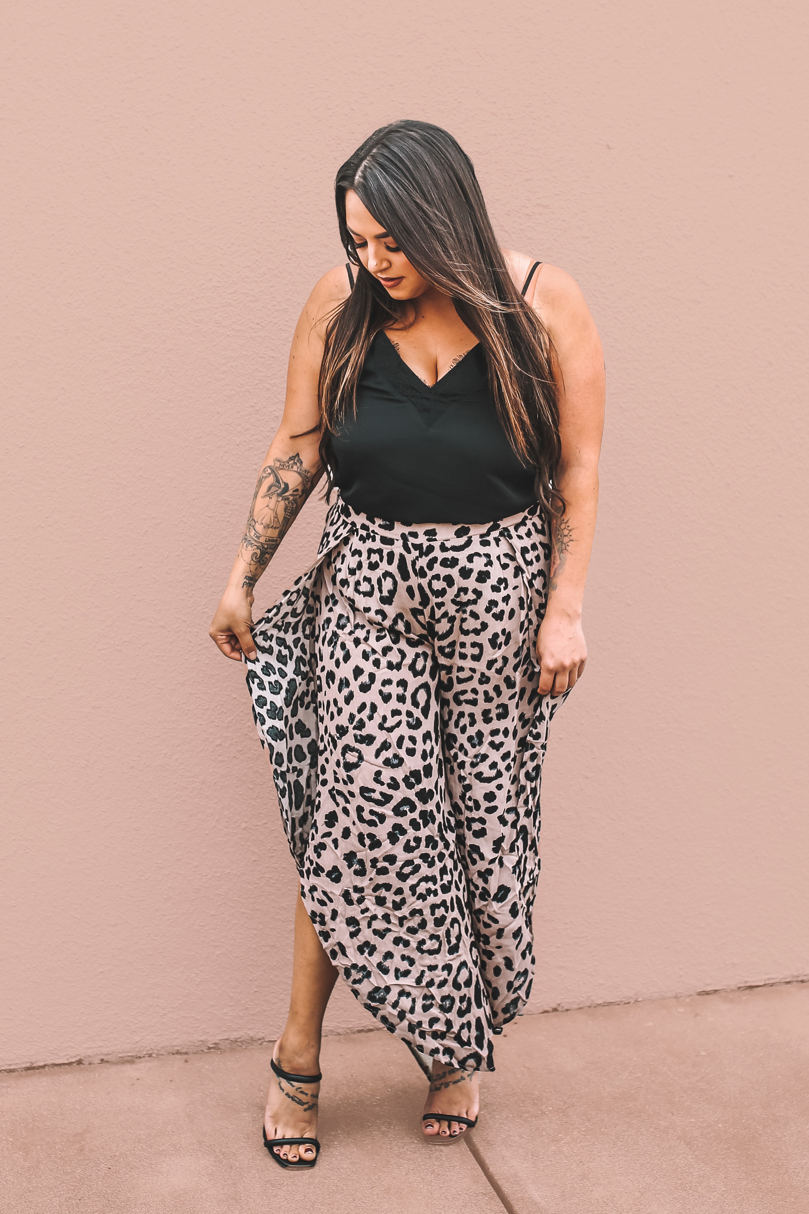 MAVERICK EXCLUSIVE! WIDE LEG LEOPARD PANTS, WITH SLITS AT SIDES. EXTRA FABRIC ADDED TO ENSURE NO OPENINGS AT TOP OF LEG. 27in. INSEAM AT LONGEST POINT. 100% RAYON. AMANDA IS 5’7 SIZE 2, WEARING SMALL. GABBY IS 5’8” A SIZE 12 WEARING AN X LARGE.