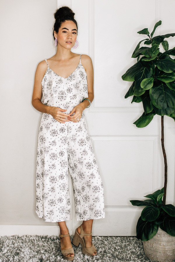 WHITE "DANDELION" PRINT JUMPER. RUFFLE NECKLINE.
LEGS HIT MID CALF. ZIPPERED BACK. LINED.
100% RAYON
SMALL- 0-4
MEDIUM 6-8
LARGE 10-12