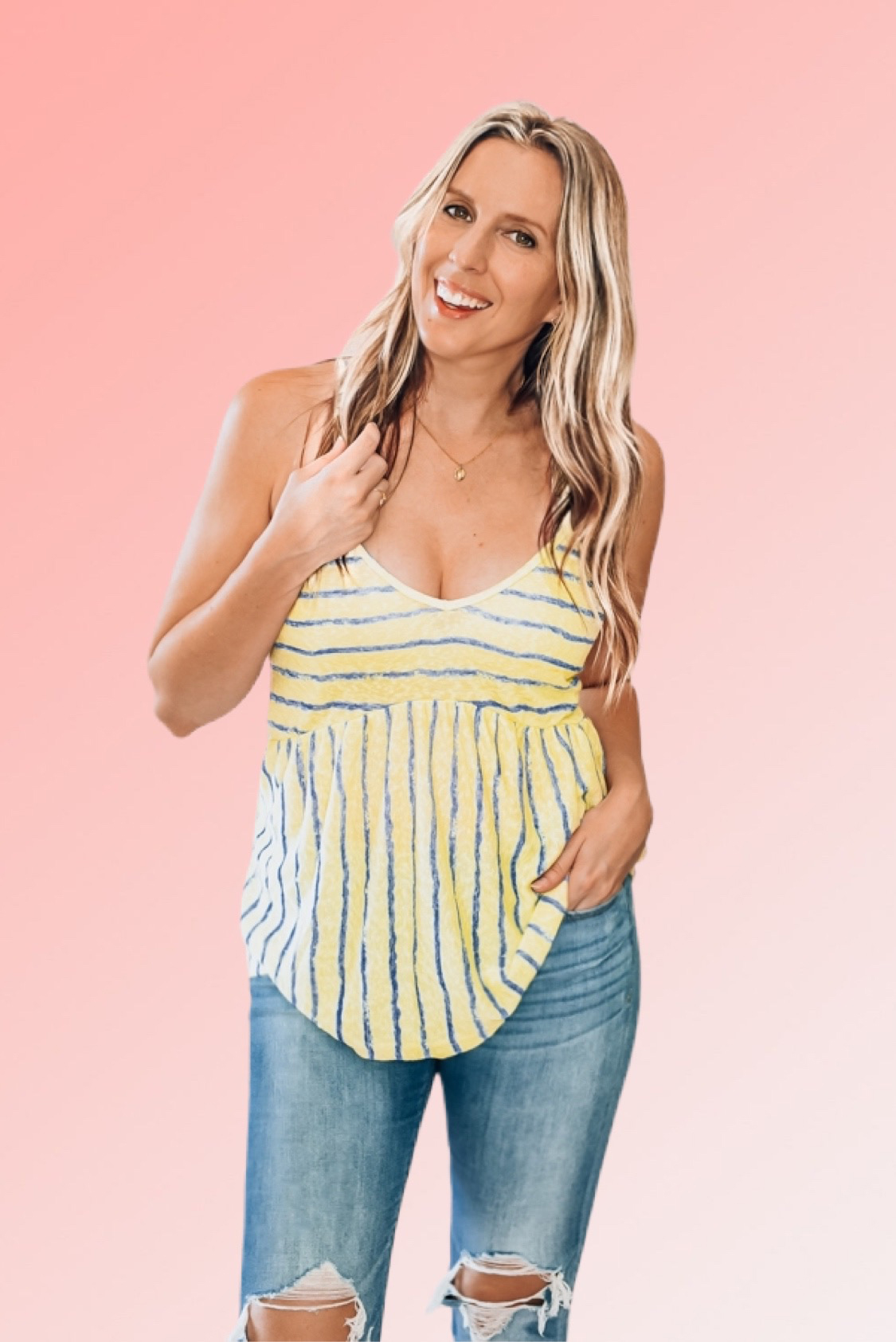 V-NECK YELLOW BABY-DOLL TANK WITH STRIPES. COMES IN TWO COLORS – YELLOW AND PINK. 70% POLYESTER, 30% RAYON. PIPER IS A SIZE 0, WEARING A SMALL. NIKI IS A SIZE 14 WEARING A LARGE.
S 0-6
M 6-12
L 12-16